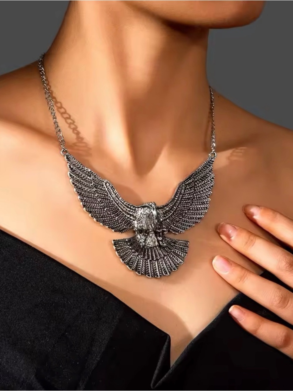 Silver Eagle Wing Pendant Necklace - Statement Feather Design